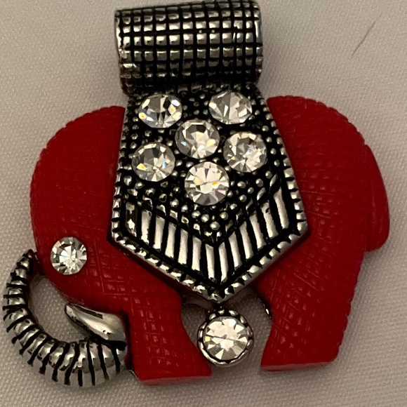 Elephant Pendant Red and Marcasite with Clear Rhinestones - Picture 1 of 1